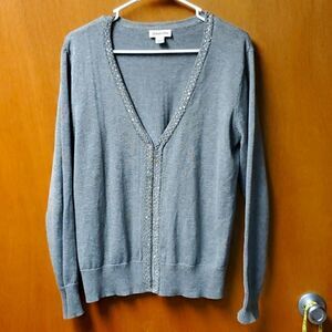 St Johns Bay Women’s Grey Beaded  Cardigan, Size  Large